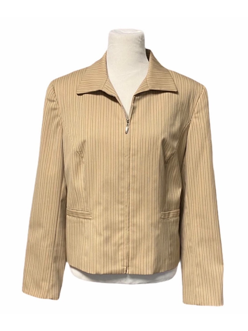 Evan Picone Beige Pinstripe Zip-Front Blazer Jacket